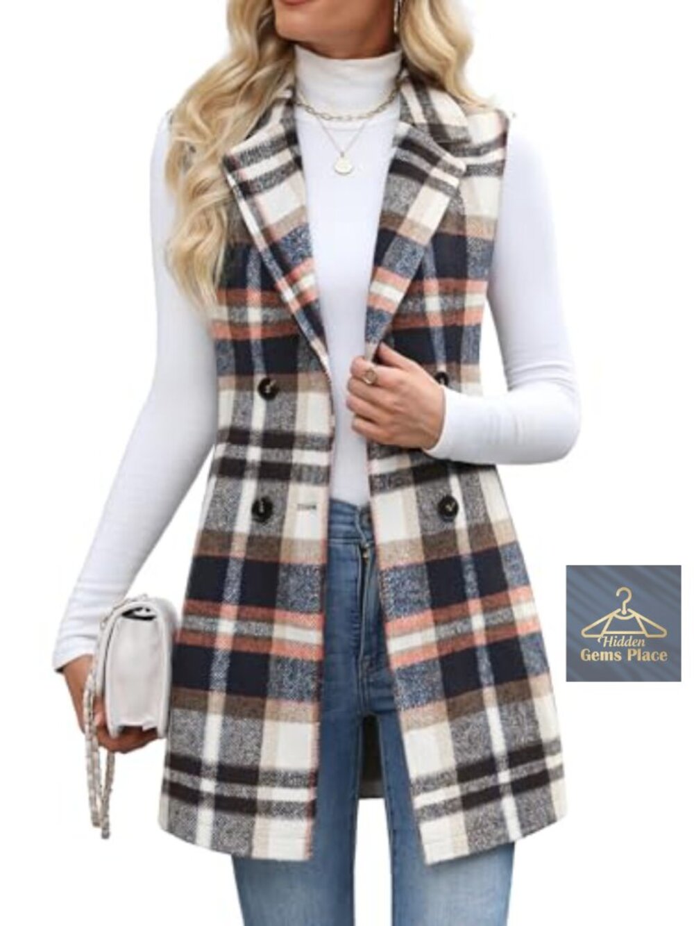 Tweed Plaid Sleeveless Blazer Vest Women's Longline Double-Breasted Notch Lapel